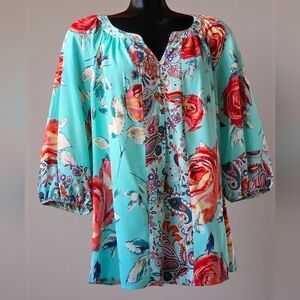 FIG & FLOWER Turquoise Floral & Paisley Boho Blouse Women's Sz 1X